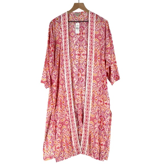 LOFT Multicolor Ikat Print Beach Kimono‎ Duster Open Front Side Slits Coastal - Picture 2 of 13